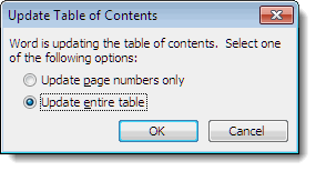 Update Table of Contents dialog