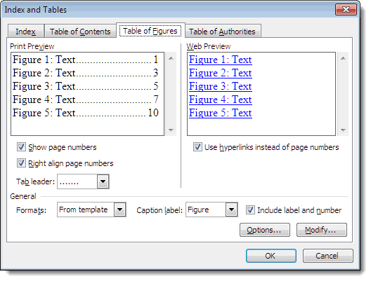 Table of Figures tab of Index and Tables dialog