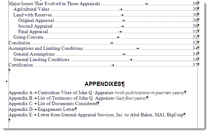 TOC with separate list of appendixes
