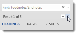 Search tab of Navigation pane showing "Find: Footnotes/Endnotes"