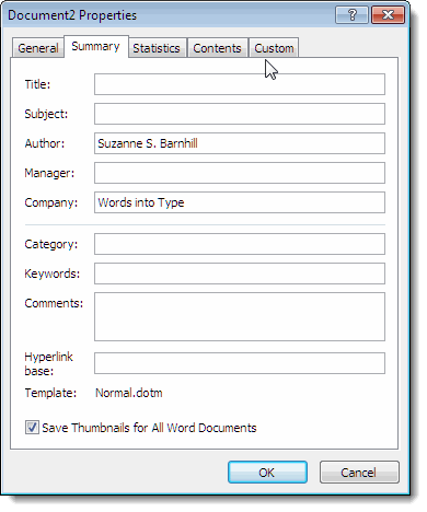 Word 2010 Document Properties dialog showing “Save Thumbnails for All Word Documents” check box