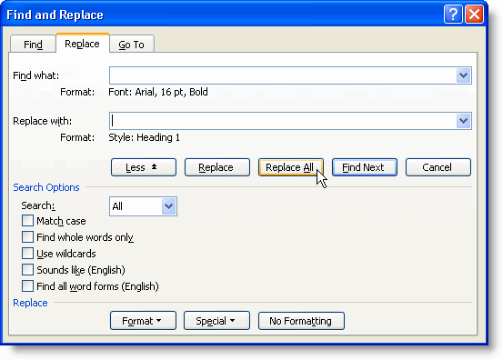 The Replace dialog