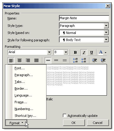Formatting options for a new style