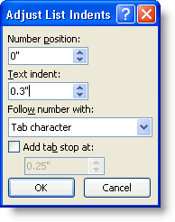 Adjust List Indents dialog showing appropriate settings