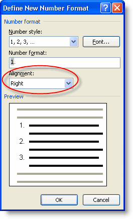 Define New Number Format dialog showing right alignment