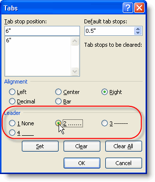 Tabs dialog showing leader buttons