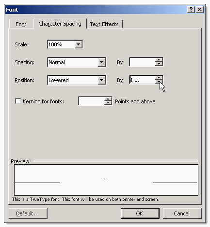 The Character Spacing tab of the Font dialog