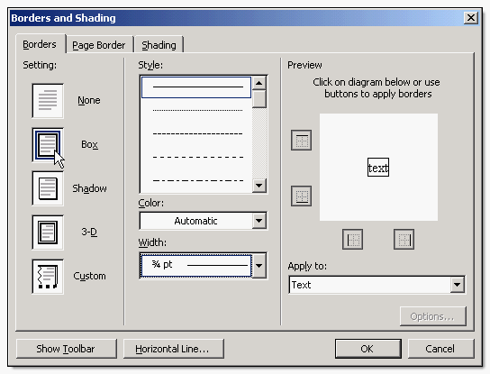 The Borders and Shading dialog showing a box border around text