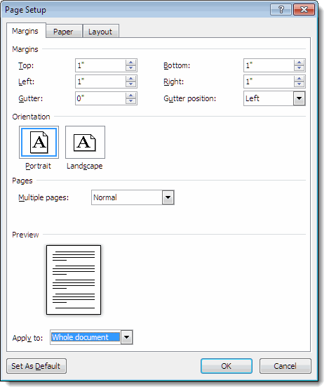 Page Setup dialog in Word 2010