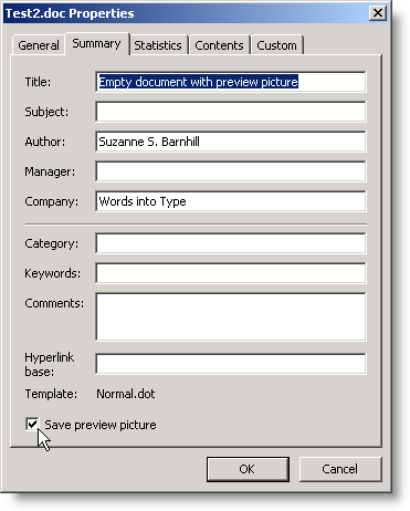 Word 2003 File Properties dialog showing "Save preview picture" check box