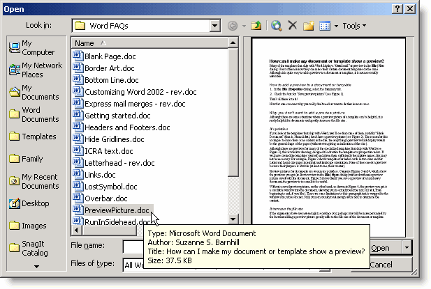 File Open dialog showing text document saved with a preview