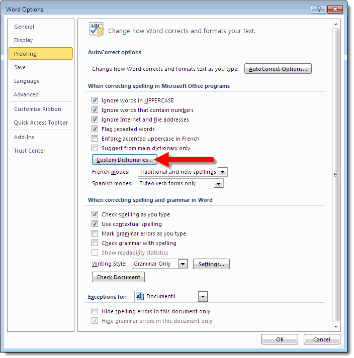 Proofing Options dialog in Word 2010
