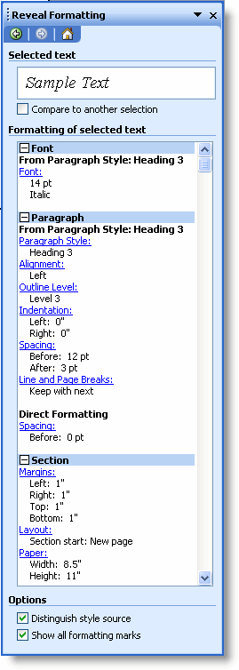 Reveal Formatting task pane with style source distinguished