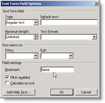 The Text Form Field Options dialog for a form field with the bookmark “Name”