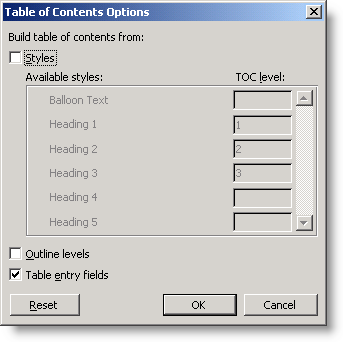 The Table of Contents Options dialog