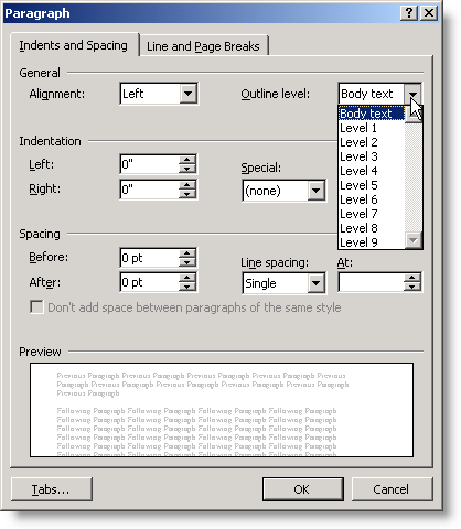 The Paragraph dialog showing outline level