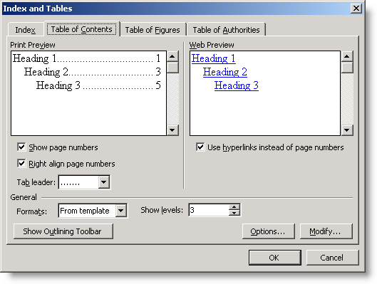 The Table of Contents tab of the Index and Tables dialog