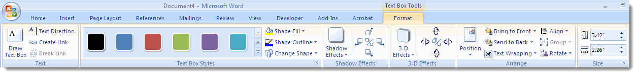 The Text Box Tools | Format tab in Word 2007