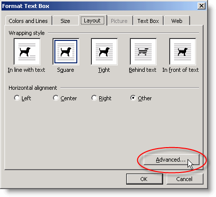 The Format Text Box dialog, showing the Layout tab