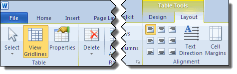 View Gridlines check box on Table Tools | Layout tab